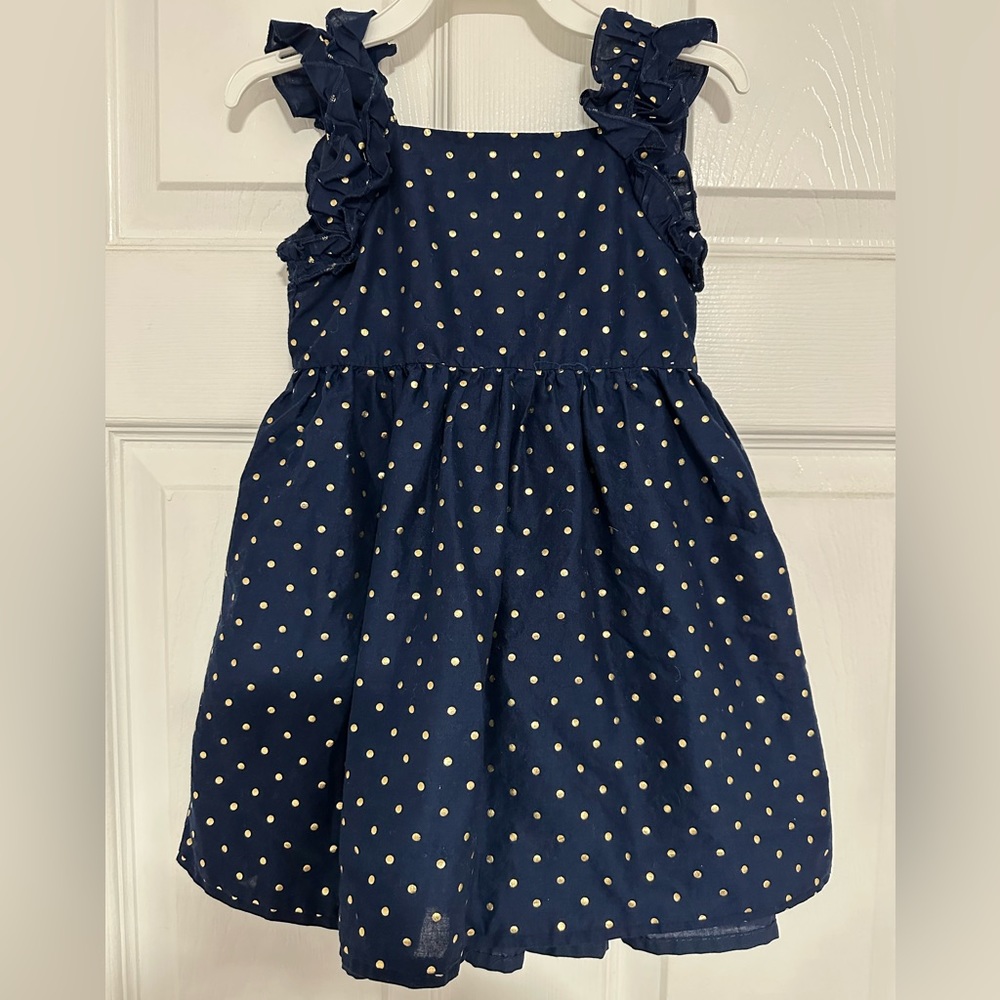 Rachel Zoe Girl Fit n Flare Dress Navy Blue w/ Gold Polka Dots Size 3T